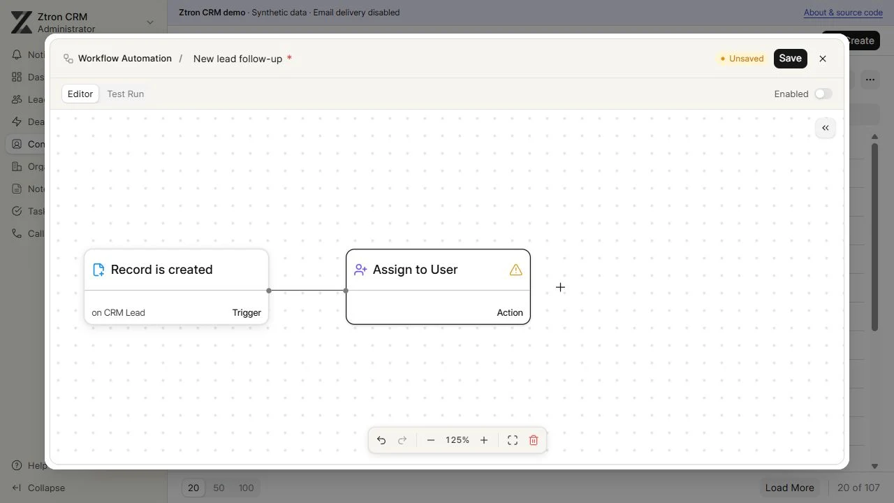 Local workflow builder with an unsaved example trigger and assignment step.
