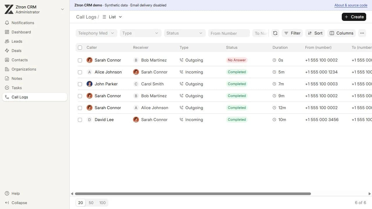 Local CRM call activity view with sample records.