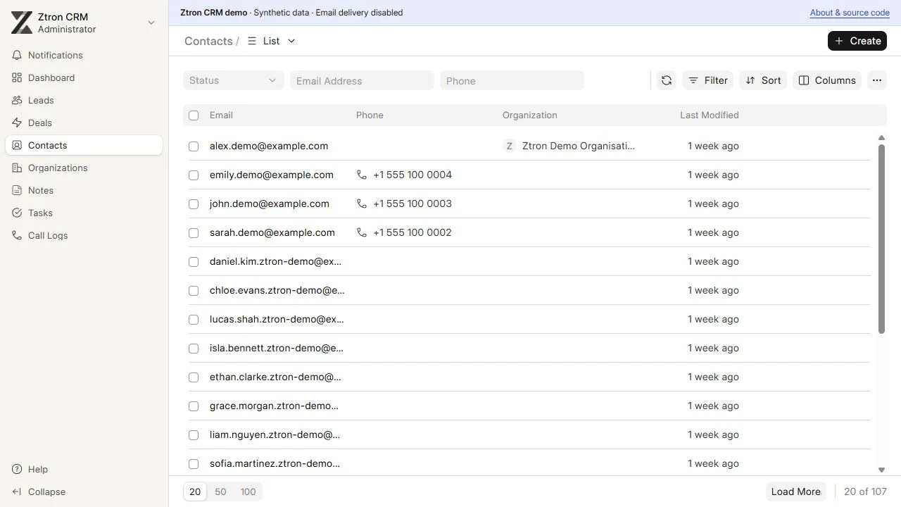 Local CRM contacts view with sample people and company records.