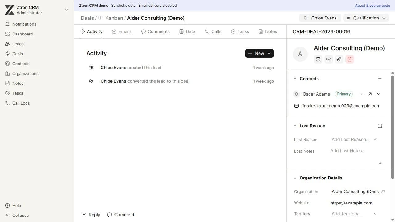 Local CRM customer record showing sample contact information and activity.