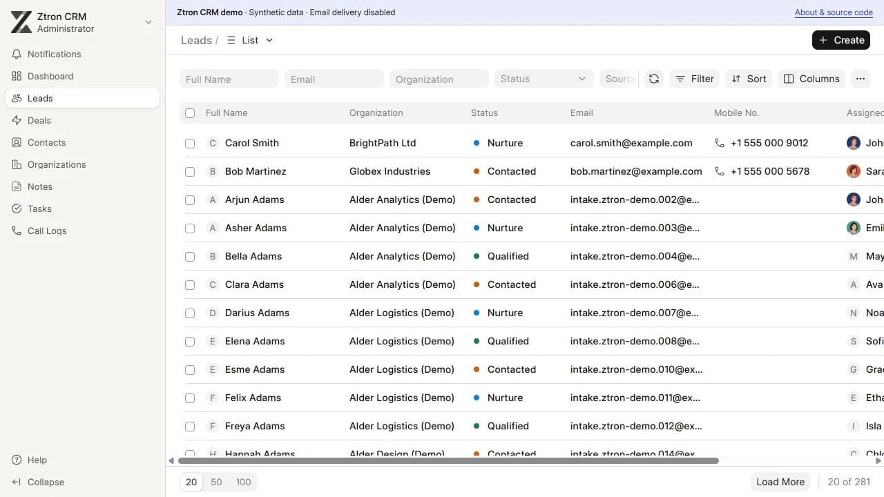 Local CRM lead list with sample records and owners.