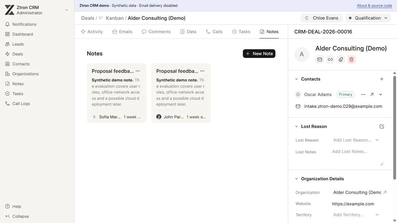 Local CRM notes view containing sample customer context.