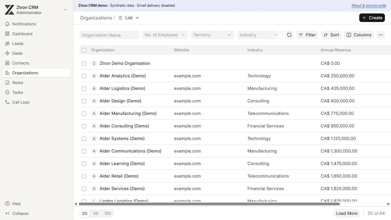 Local CRM company records with sample organizations.