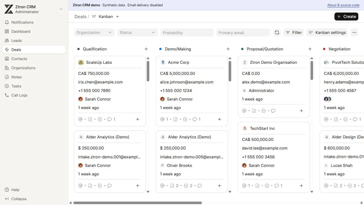 Local CRM pipeline with sample deals arranged by stage.