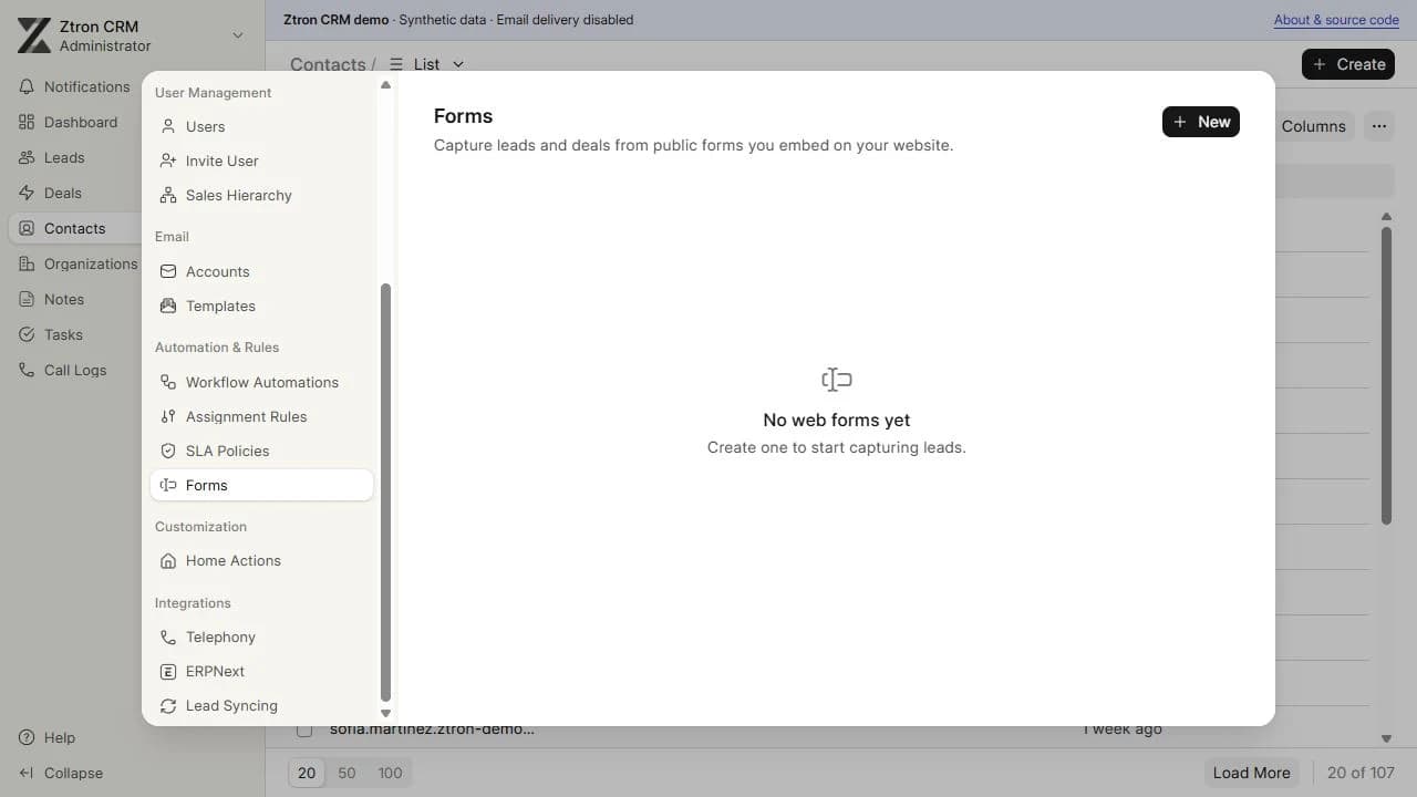 Local CRM settings and configuration view.