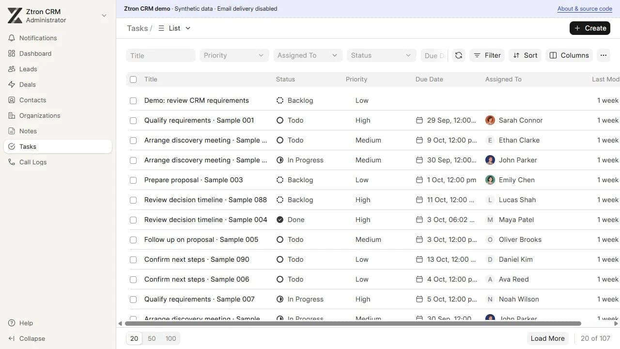 Local CRM task view showing sample follow-up work.