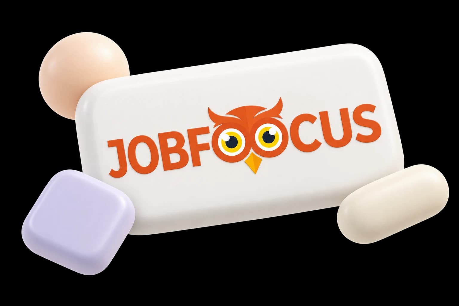 JobFoocus identity illustration with its original owl wordmark on a white rounded tile and soft peach, lavender, and cream geometric shapes.