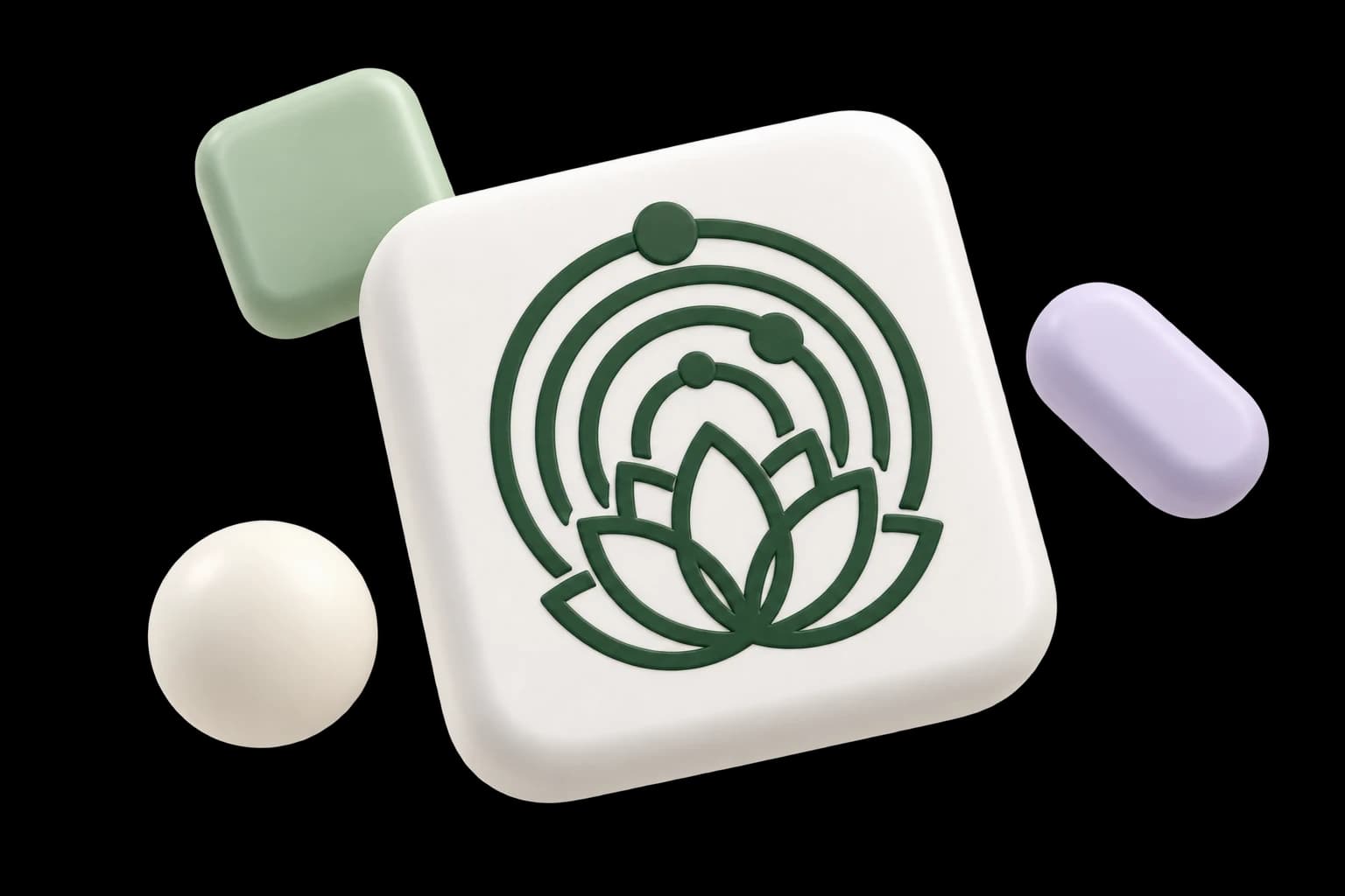 VEDIC.world identity illustration with its original mark on a white rounded tile and soft sage, cream, and lavender geometric shapes.